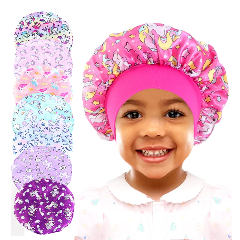 Dessin animé bébé enfants imprimer Satin Bonnet chapeau de sommeil casquette pour cheveux bouclés réglable soyeux Satin casquette pour enfant en bas âge nuit sommeil casquettes Beanie