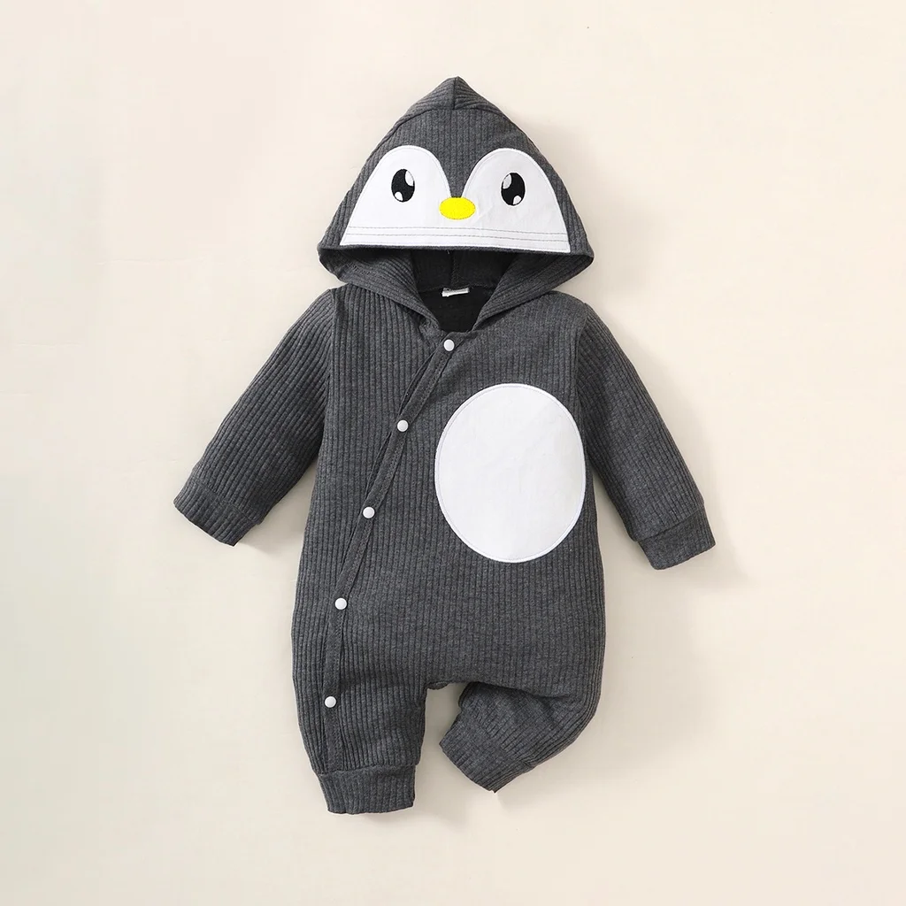 Barboteuse à capuche pour bébé garçon de 0 à 6 mois, mignon pingouin avec petit cercle blanc, body à simple boutonnage, gris foncé, manches longues, pyjama