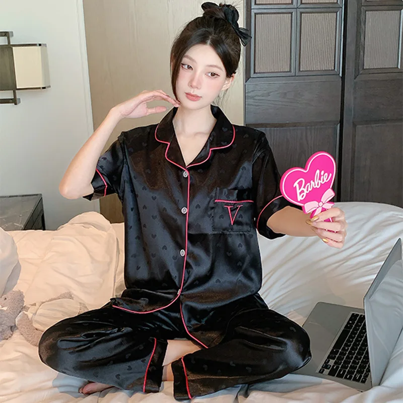 Light Luxury Senior Sense of Love Jacquard Ice Silk Pajamas Women's Spring and Summer Casual Ins Homewear Short-Sleeved Suit