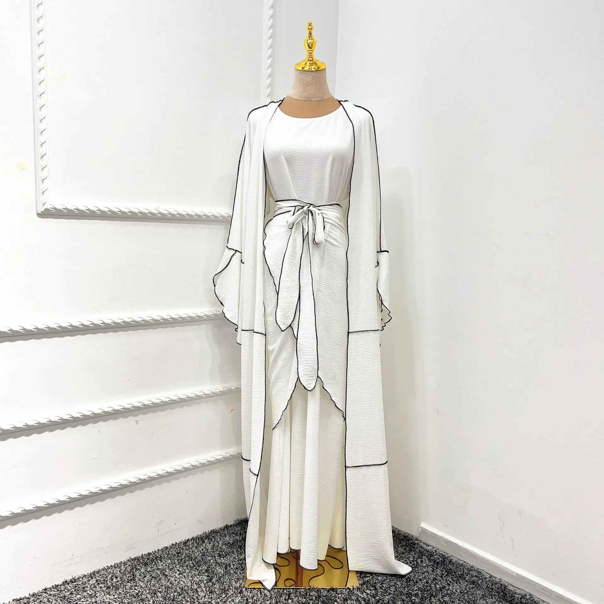 Abaya pour femmes musulmanes, ensemble de robe de couleur unie, kimono turc, cardigan ouvert, vêtements islamiques, Eid Dubai, haute qualité, 3 pièces