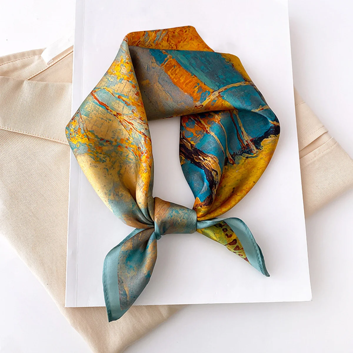 Foulard imprimé peinture à l'huile d'arbre, foulard carré classique en Imitation soie, Bandana respirant, accessoires pour cheveux
