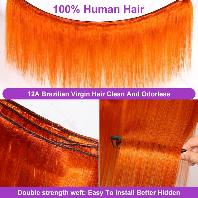 28 30 Inches Bone Straight Bundles Orange Ginger 100% Human Hair Virgin Raw Weave Colored Brazilian Bulk Braiding Hair Extension – Image 5