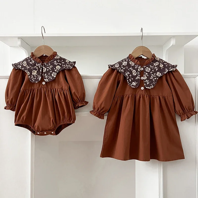 Robe de princesse une pièce à revers rétro pour bébé fille, tenue assortie pour la famille, vêtements réglables, automne, nouveau, 0-6 ans