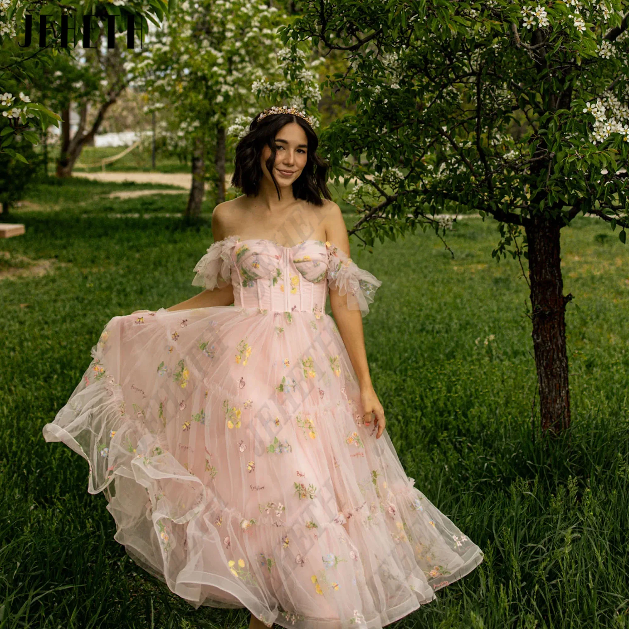 Jeheth Fairy Sweetheart robe de bal imprimé corset plissé retour à l'école robe tulle fines bretelles Party longueur de plancher personnalisé