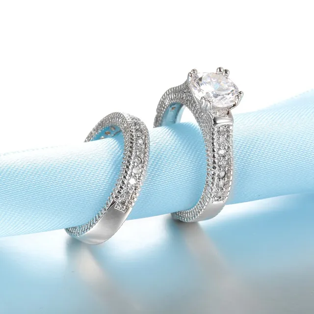 Ensemble de bagues de fiançailles de mariage élégantes, accessoire d'anniversaire de couleur argent Sterling 925 avec pierre de Zircon Cubiz entièrement brillante – Image 2