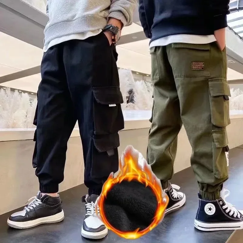 Pantalon doublé polaire pour garçons, coupe ample, décontracté, chaud, Cargo, en velours intégré, pour enfants, transfrontalier, hiver