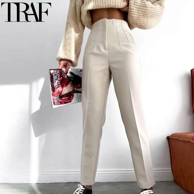 TRAF tenue de bureau pantalon formel femme plissé taille haute pantalon pour femme décontracté blanc pantacourt noir rose femme pantalon