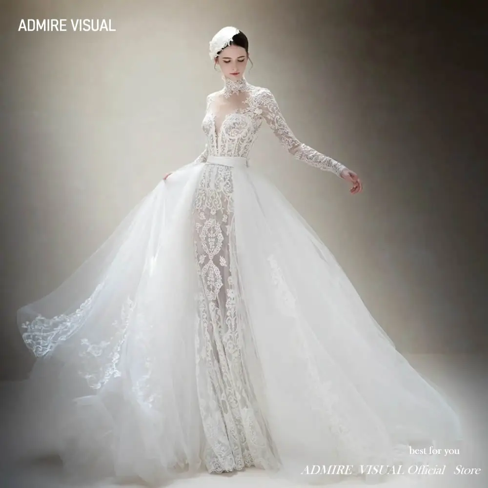 Robe de mariée en dentelle sirène pour la mariée, 2 en 1, haute présidence, manches complètes, sur mesure, plus une robe éducative