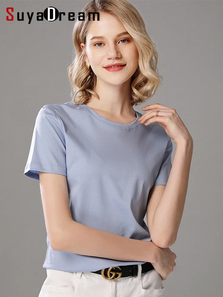 SuyaDream – t-shirt uni pour femmes, mélange de coton et de soie, col rond, t-shirt solide à manches courtes, couleurs acidulées d'été 2024, haut confortable de base vert