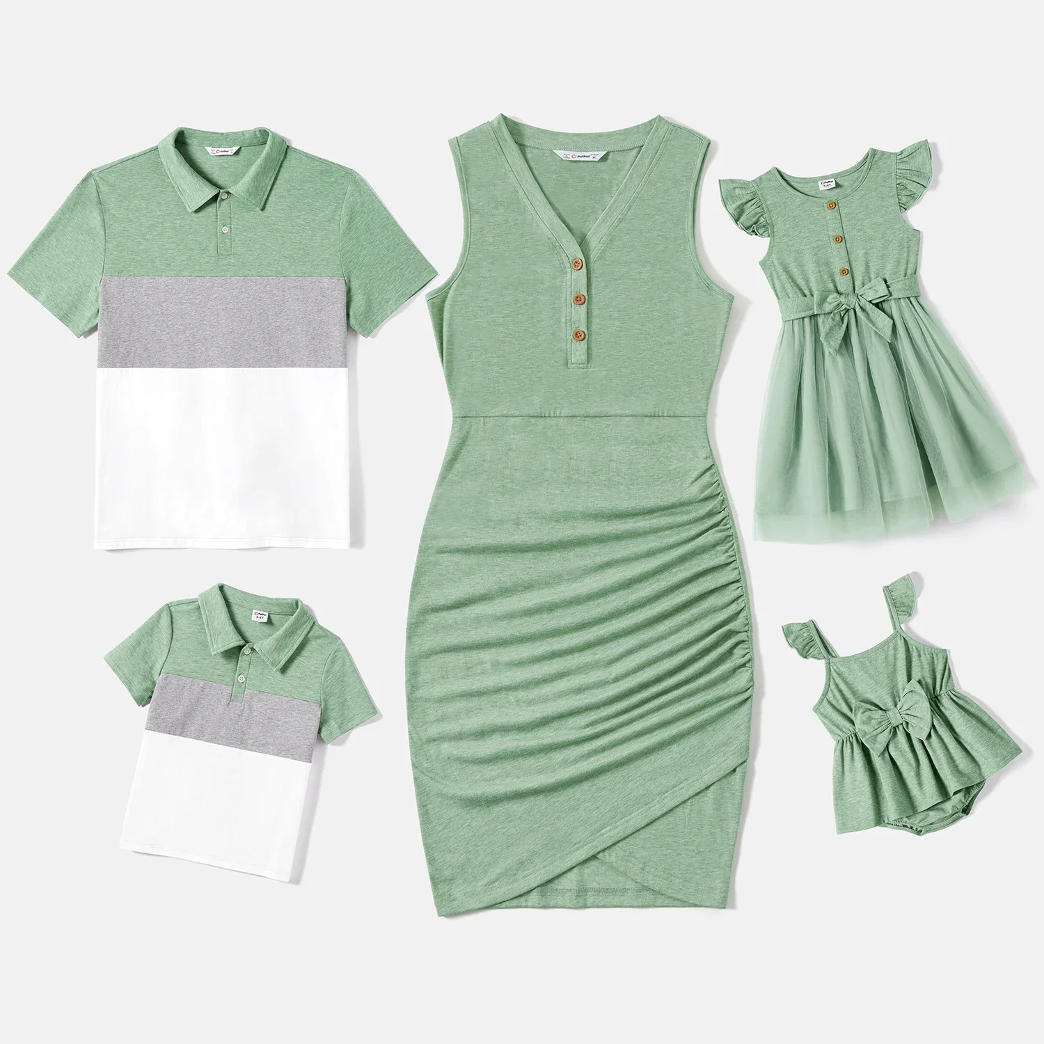 PatPat Ensembles de robes débardeur froncées à demi-patte de boutons assortis pour la famille et t-shirts à col polo color block adaptés à la saison estivale