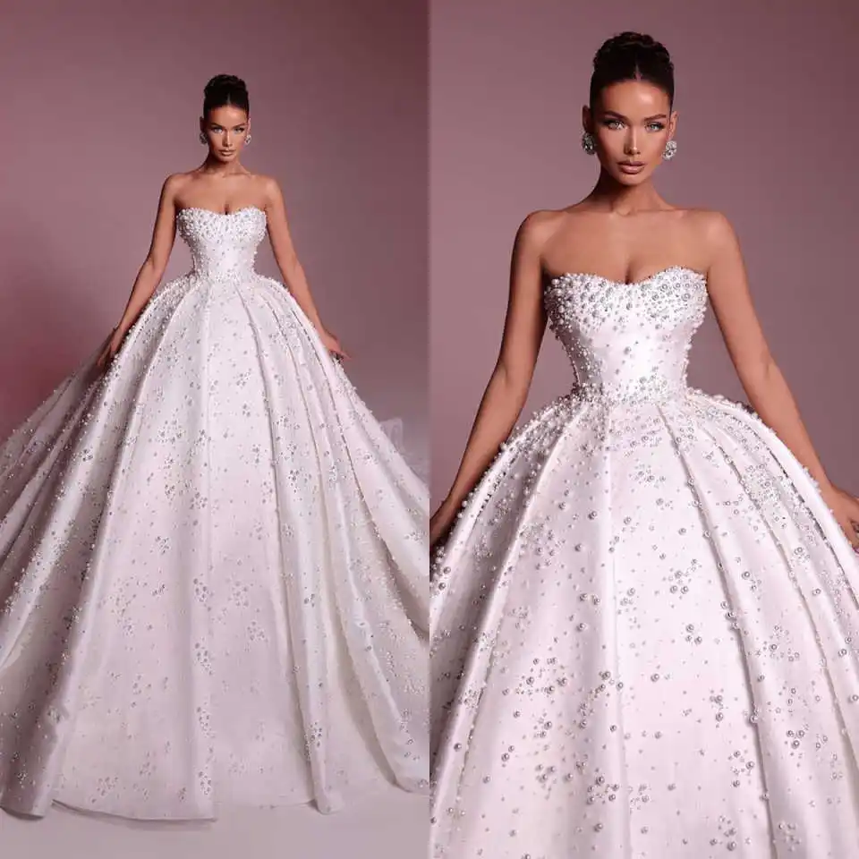 Robe de mariée perlée sans bretelles, robes de patients d'église, sur mesure, chérie élégante, perles de luxe