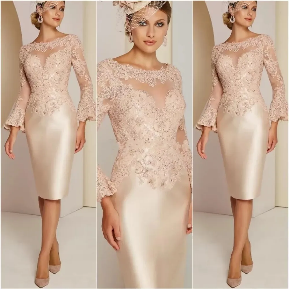 Robes mère de la mariée en dentelle, col rond, manches longues, perles, ficelle, appliques, robe de cocktail, colonne, longueur au genou, robe de Rhformelle
