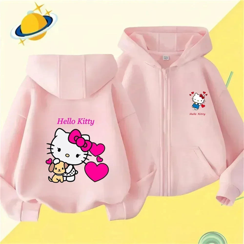 Hello Kitty-Sweat à capuche de marque de sport pour enfants, chemise à fermeture éclair d'extérieur, haut imprimé chaud, garçons et filles, mode printemps et automne, 3-12