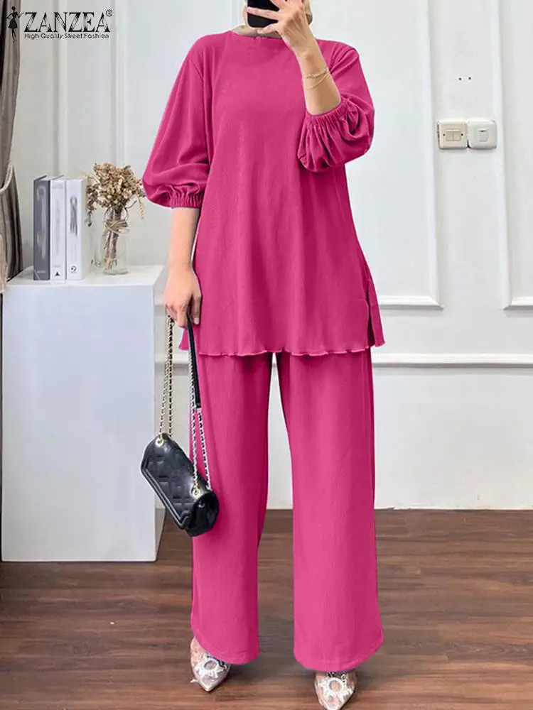 ZANZEA-Ensemble Hijab Islamique pour Femmes Musulmanes, 2 Pièces, Tenues Décontractées, Lit Ddeau, Chemisier à Manches sulf, Jambes Larges, Surintendant