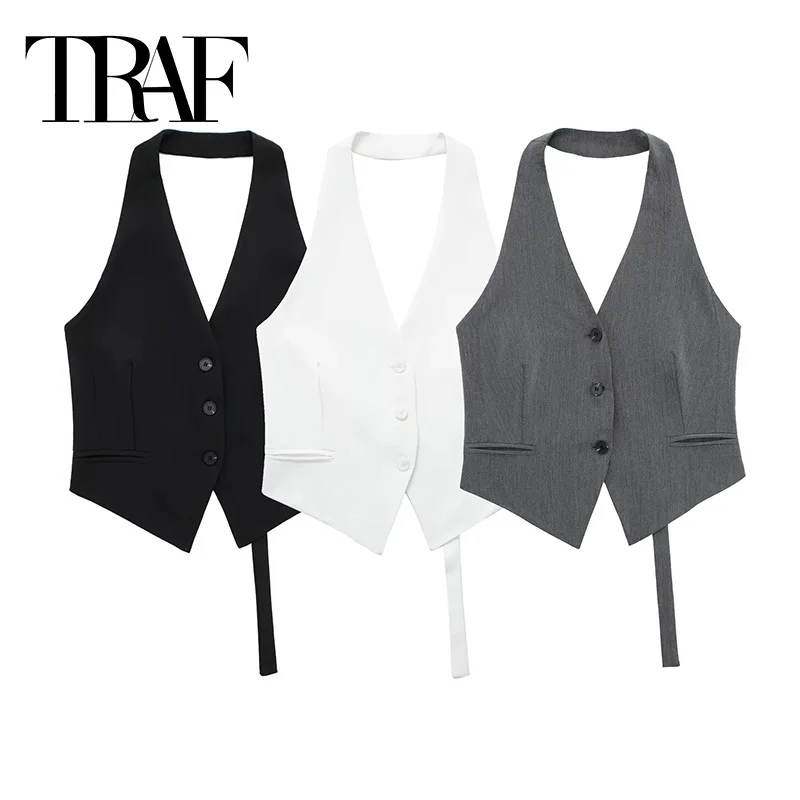 TRAF épaules dénudées gilet sans manches femmes noir blanc recadrée gilet femme mode dos nu col en V manteaux courts gilet d'été