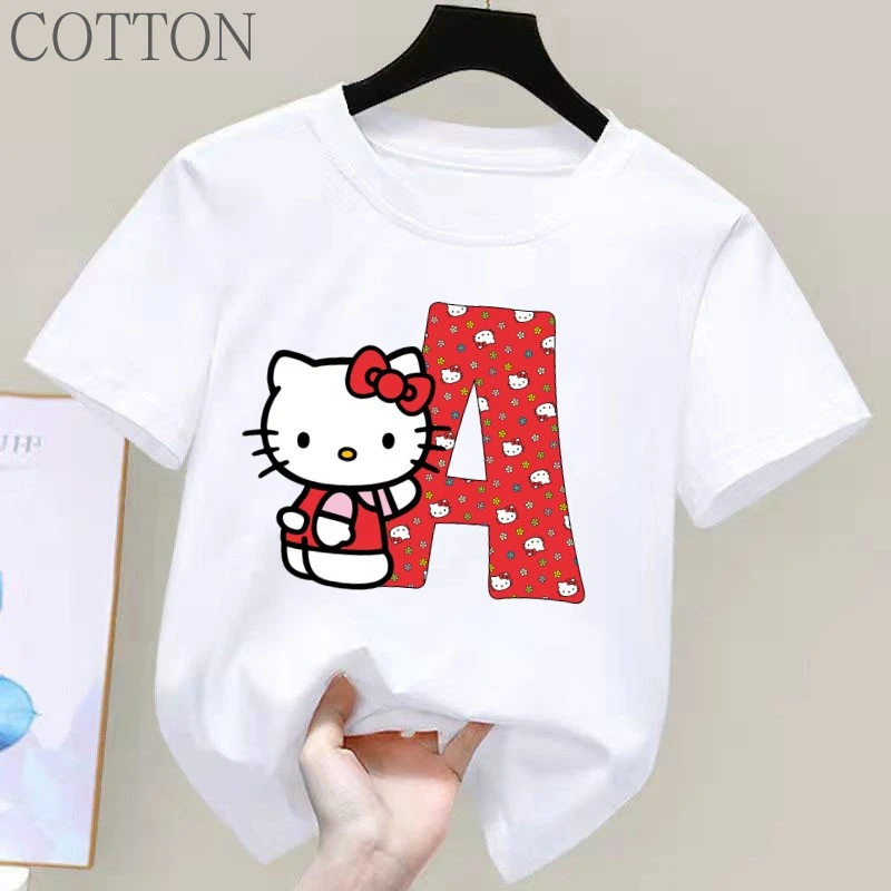 Hello Kitty Anime Lettre A-Z Enfants Coton Haut À Manches Courtes Sanurgente Été Girly Coeur Doux Kawaii Cadeau D'anniversaire T-shirt