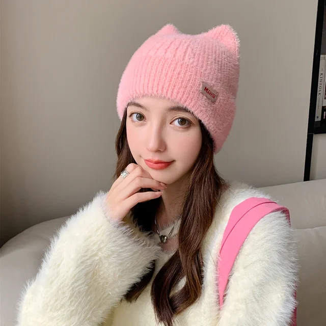 Nouveau femmes mignon chat oreille oreillette hiver chapeau mode fausse fourrure tricoté chapeau Kpop Style doux Beanie chapeaux bonbons femme Streetwear casquette – Image 3