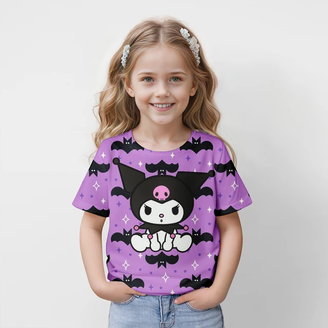 MINISO nouveau T-shirt d'été pour enfants Kuromi 3D imprimé fille mode dessin animé haut mignon fête garçons à la mode à manches courtes coupe ample