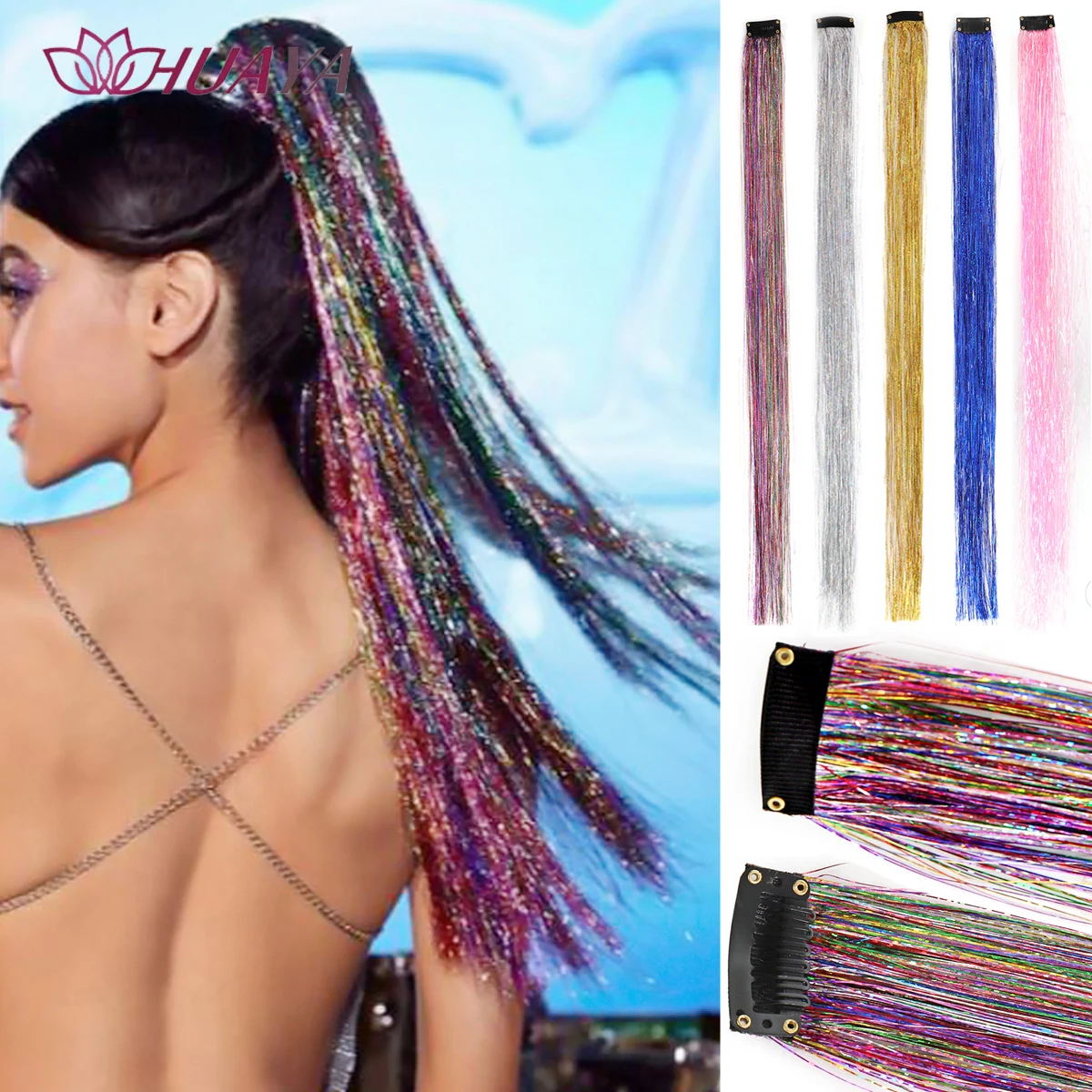 Tinsel-Extensions de cheveux synthétiques multicolores, mèches de cheveux longues et droites, postiches colorées à reflets bleus et argentés
