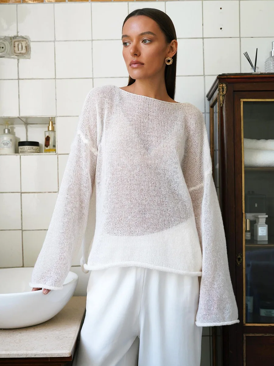 T-shirts surdimensionnés pulls tricotés fins femmes été trompette à manches longues t-shirt pour femmes haut ample t-shirts pull Transparent