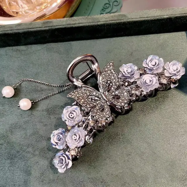 Pince à cheveux orchidée féerique bleue pour femmes, 1 pièce, fleur d'eau, diamant papillon, Style à la mode, pince à cheveux en forme de requin, accessoires pour cheveux – Image 5