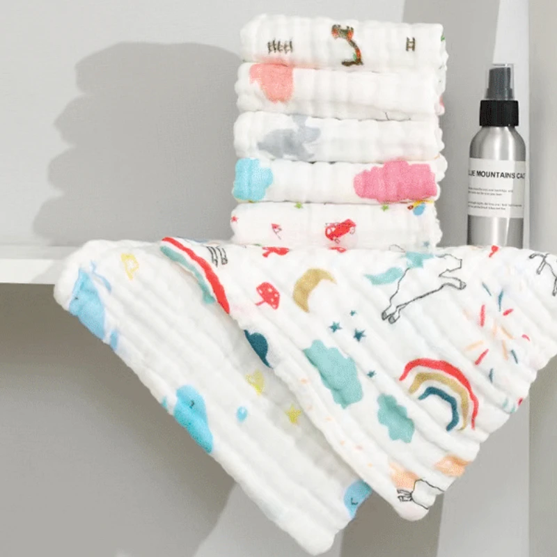 Serviette carrée imprimée en pur coton lavé à six couches pour enfants, 5 pièces, 30cm x 30cm
