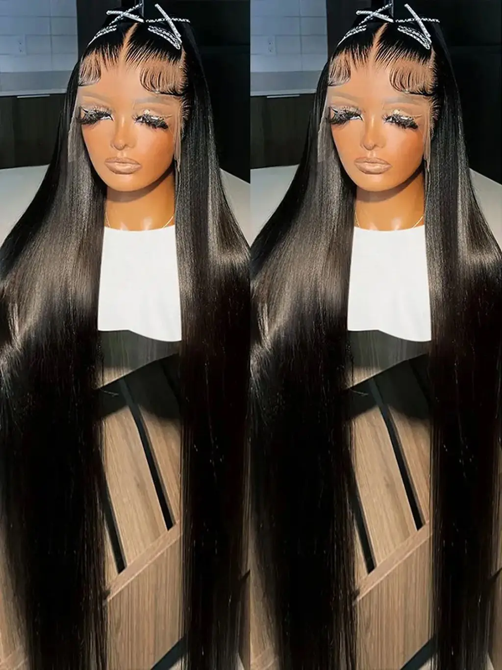 Black Straight 180% Density 13X6 HD Lace Front Wigs Synthetic Wig Preplucked Bleached Knots 180% Density Glueless Wig