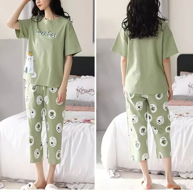 Women Pajamas Sets Plus Size Summer Silk Sleepwear Ladies Thin Short-Sleeved Seven Pants O-Neck Casual Cat Home Wear Night Wear – Image 2