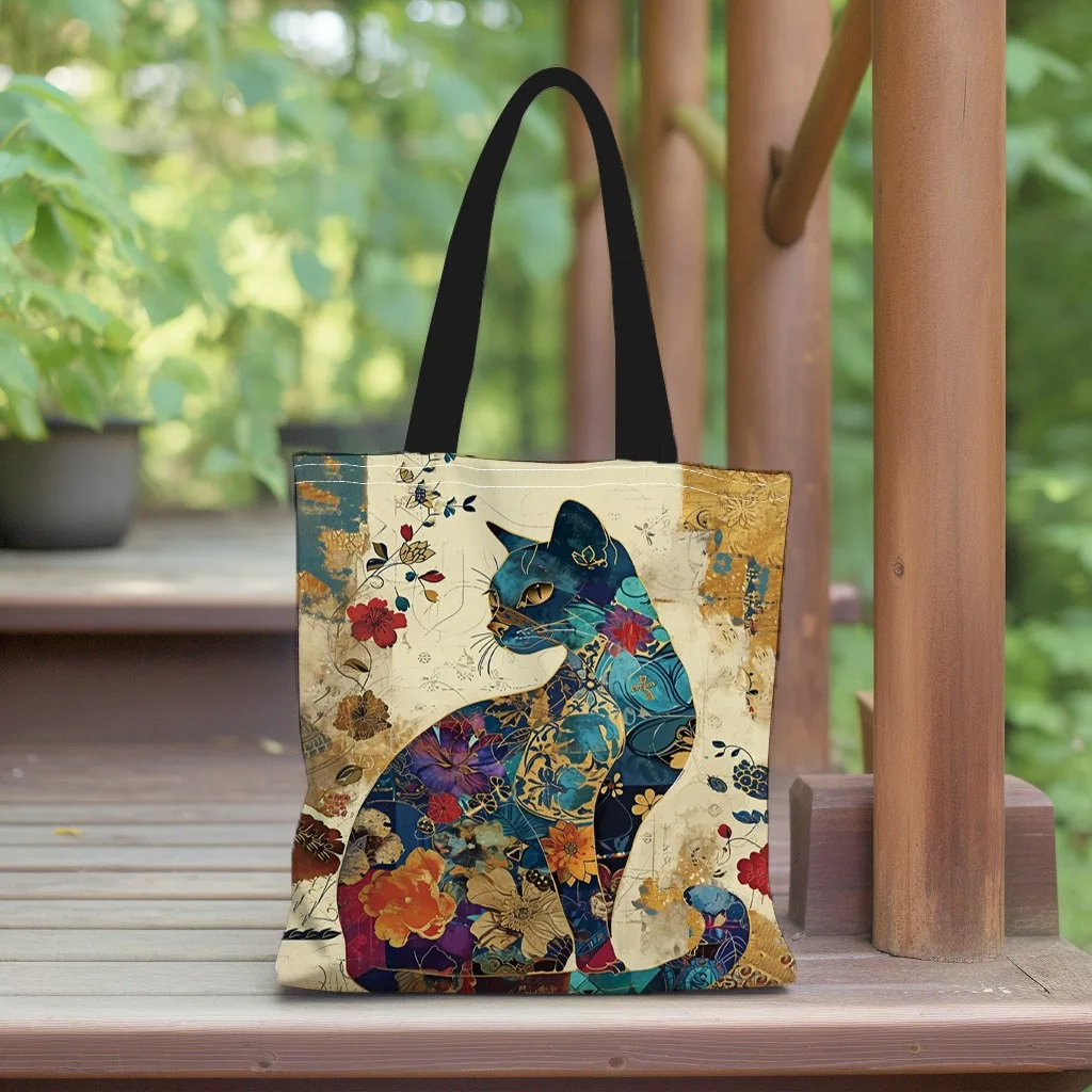 Sac fourre-tout à motif de chat floral, sac à bandoulière d'école en toile esthétique, sac d'épicerie léger