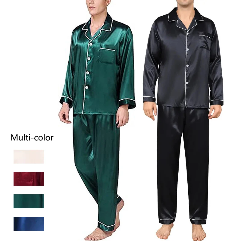 2PCS/Set Plus Size Solid Long-Sleeved Pyjamas Men Spring and Autumn Silk Sleepwear Homewear Cardigan Lapel Trousers Nightwear