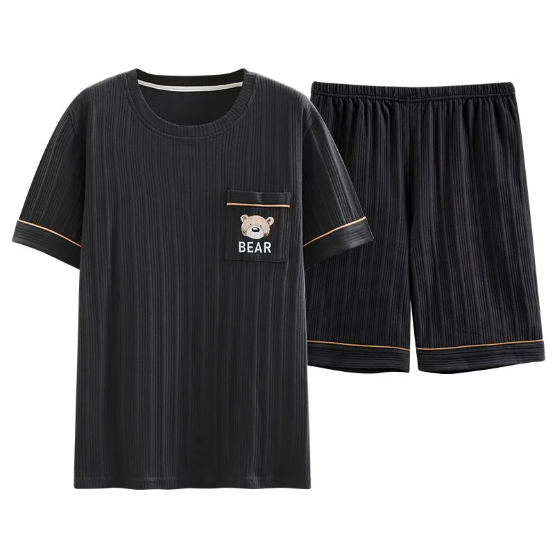 Plus Size Cotton Pajamas Summer Men Short Sleeve Shorts Casual Breathable Thin Striped Loungewear Youth Sleepwear Homewear