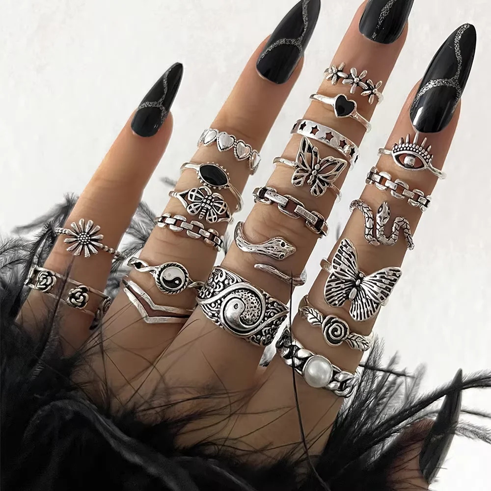 Ensemble de bagues gothiques pour femmes, 21 pièces, mode Simple, serpent, papillon, mauvais œil, tendance, Punk, bijoux cadeaux, nouvelle collection 2024