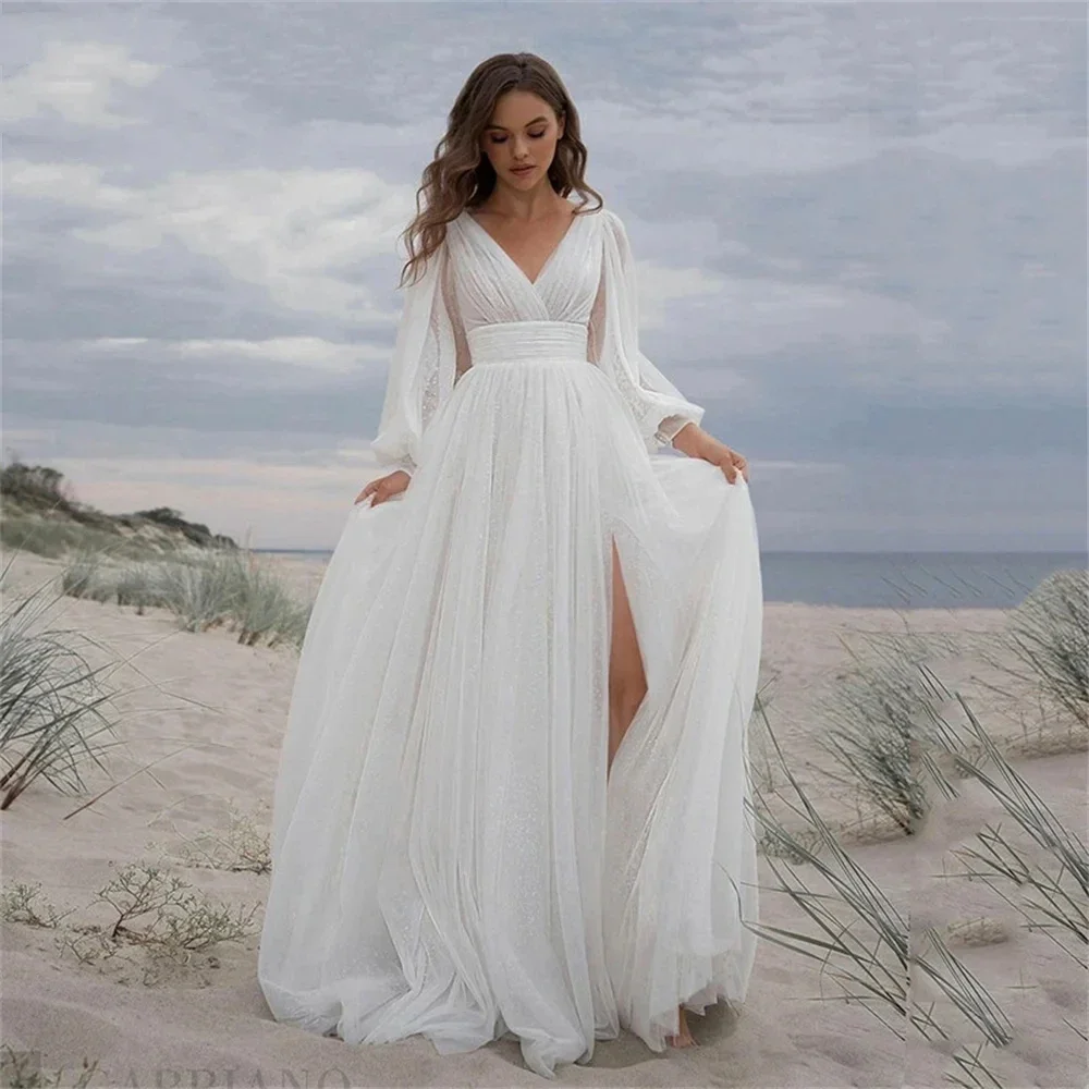 BOHO – Robe De mariée Vintage en Tulle pour femmes, Simple, manches longues bouffantes, en cœur, 2024