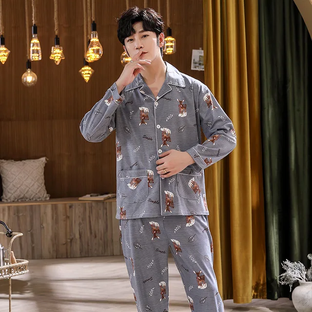 Big Size Men's Pajamas Fall and Winter Sika Deer Motif Long-Sleeved Long Pants Casual Home Wear Sleepwear 2 Piece Set Loungewear – Image 3