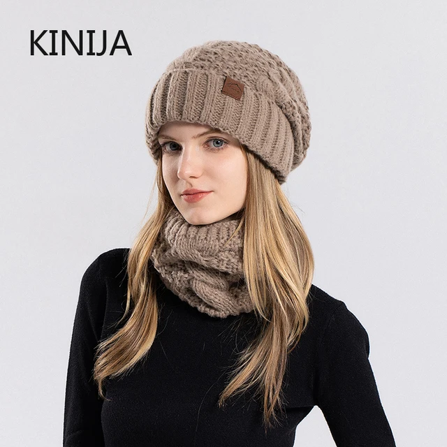 Ensemble écharpe et chapeau tricoté pour femmes, doublure polaire épaisse, Skullcap, cyclisme en plein air, Protection contre le vent chaud, hiver – Image 5