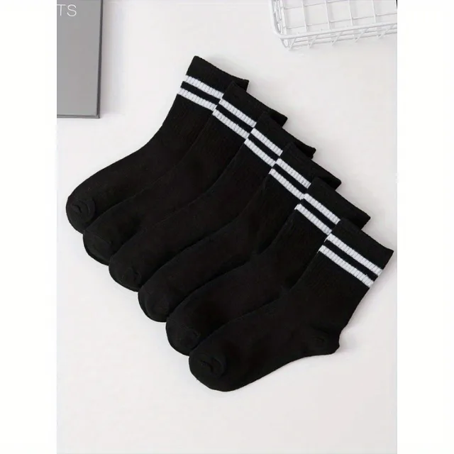 6 Pairs High Tube Mid Length Stockings Set For Men in Solid Black And White With Parallel Bars Popular and Sweat Absorption – Image 5
