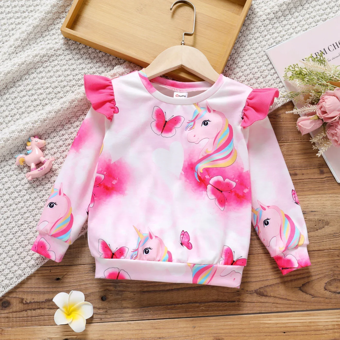 PatPat – pull rose à volants pour petites filles, imprimé Animal licorne papillon, doux et confortable, parfait pour les sorties