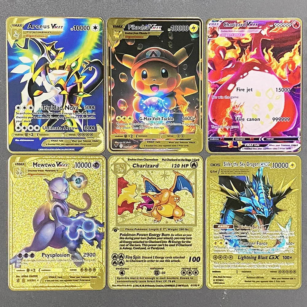 Pokemon Metal Card, 10000 Points, Arc192., Charizard, Raichu, Super Card, Golden English, Mewtwo, Vmax, GX, EX Anime Collection Cards, Gift