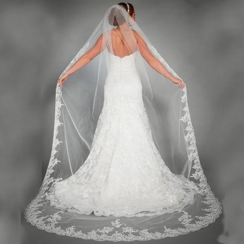 Blanc ivoire dentelle Appliques Tulle longue cathédrale voiles De mariage dentelle bord 1T voiles De mariée 3 mètres Veu De Noiva