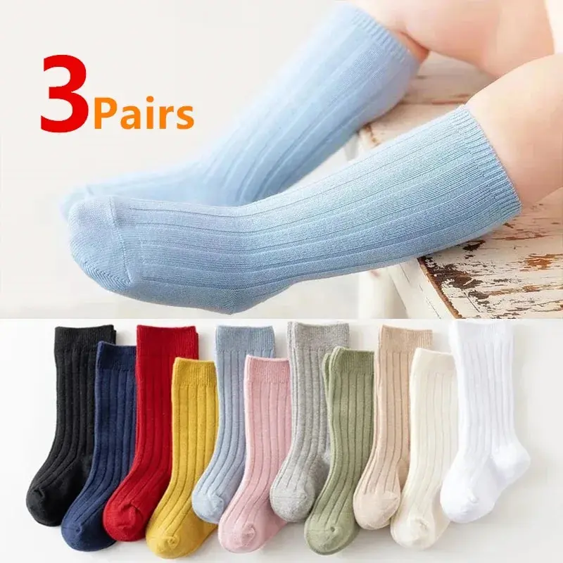 3 paires/lot bébé genou chaussettes hautes enfants filles garçons doux coton longue chaussette mignon espagnol rayure solide enfants Socken pour 0-8 ans