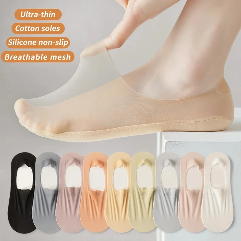 Lot de 5 paires chaussettes femmes chaussettes femmes en lot chaussette invisible femme de chaussettes d'été pour femmes, ultra-fines, invisibles, coupe basse, silicone, anti-alde, maille, sans glace, bateau, solide