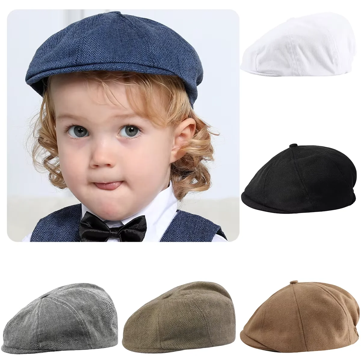 Chapeau de journal pour bébés garçons, casquette plate à chevrons pour enfants, accessoires de béret rétro pour nourrissons, doublure douce en feutre épaisse et chaude