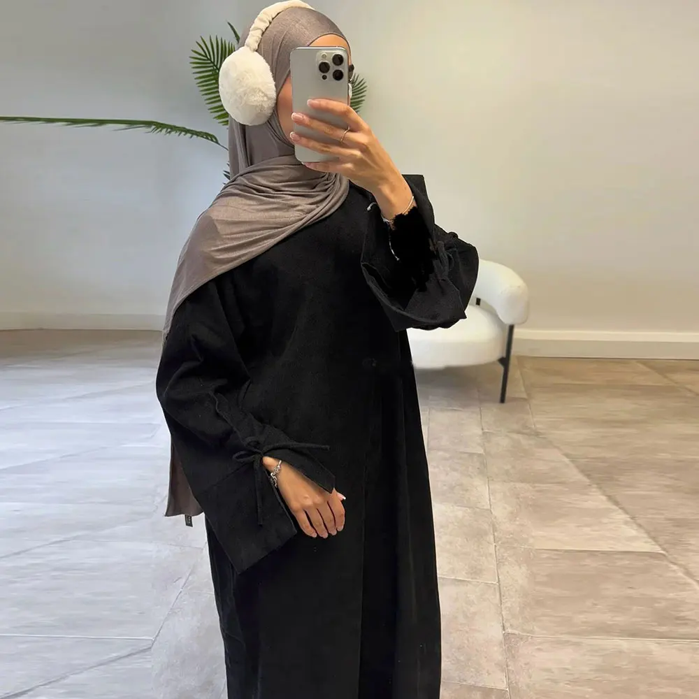 Abaya en velours côtelé pour femme, robe musulmane, manches avec nœud papillon, vêtements de prière modestes, hiver