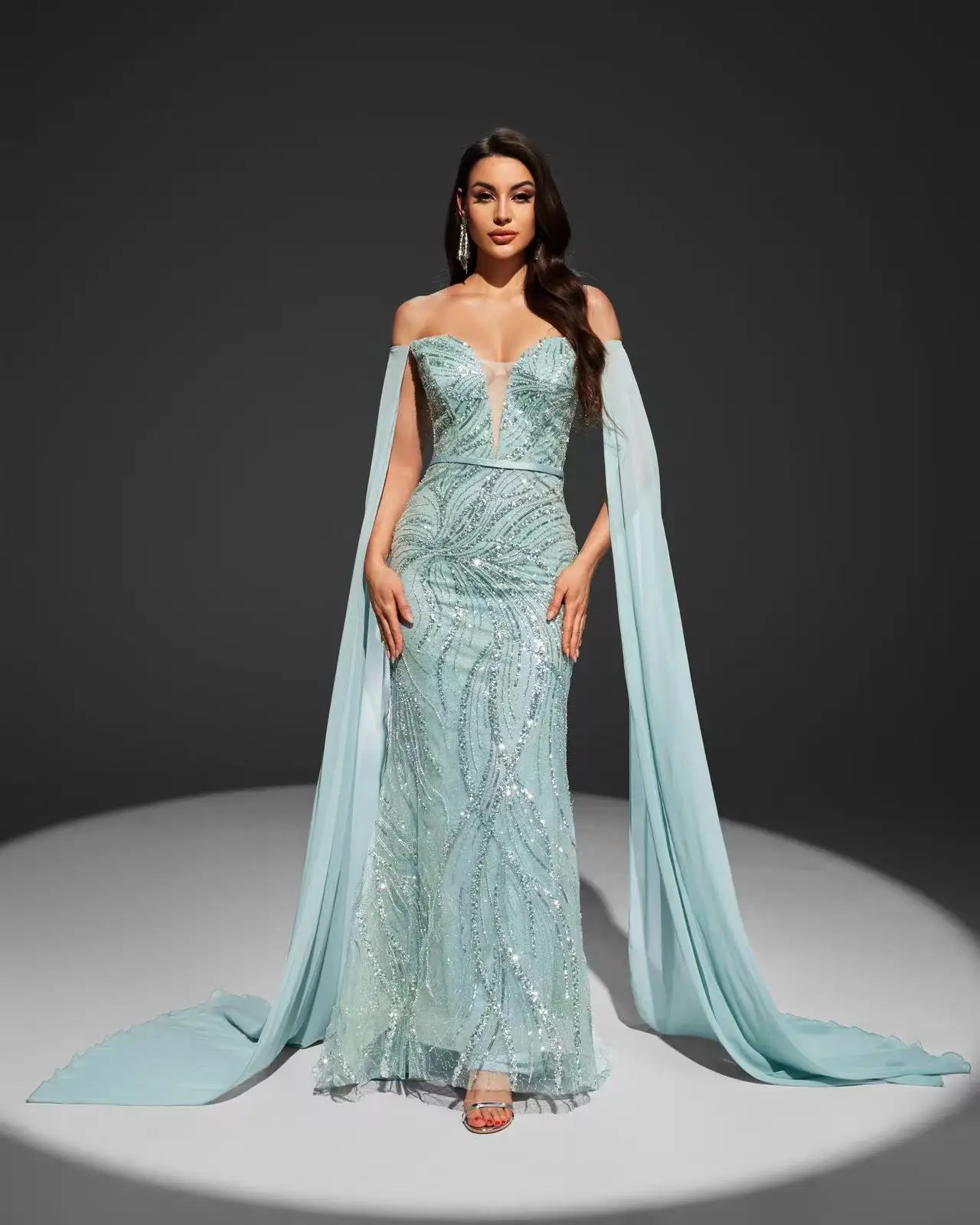 Shalimar Zhang-Robe de Soirée Longue, Manches Châle Vertes, Luxueuse, Jupe Queue de Poisson, Diamant, Faite à la Main, Personnalisée