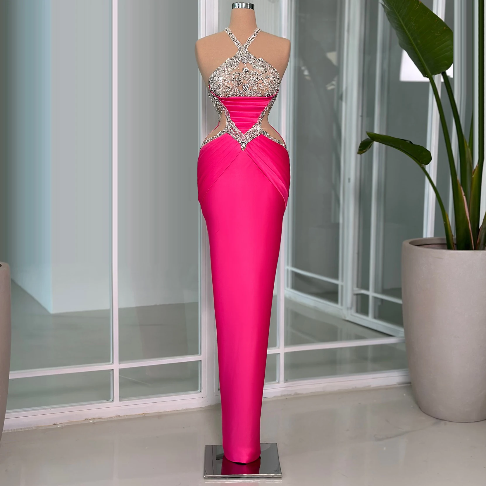 Robe de Soirée en Satin Rose Chaud, Élégante, Ajustée, avec Perles Brillantes, Personnalisée