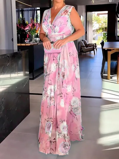 Robe de cocktail longue à imprimé vintage pour femmes, tenue d'été à la mode, élégante, col en V, dos nu, style bohème – Image 4