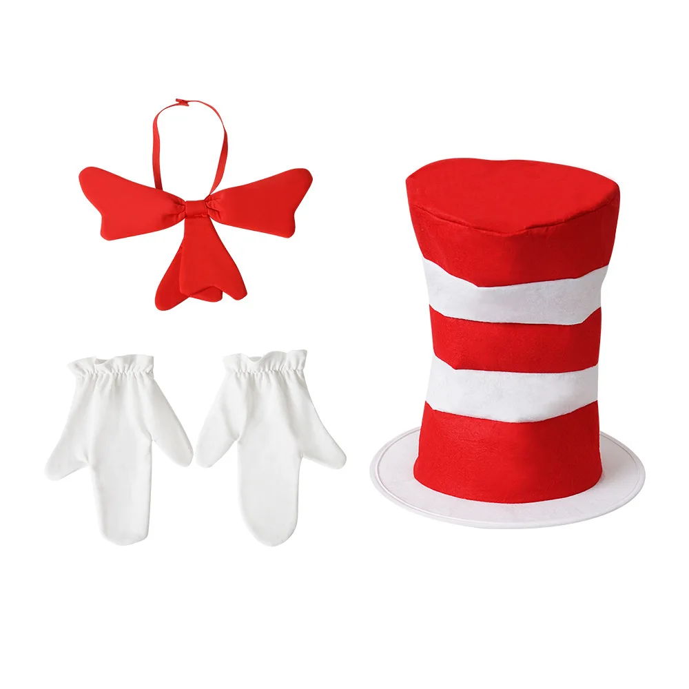 Chapeau d'Halloween Dr Su pour ixd'Anniversaire, Cosplay, Accessoires de Scène, Rouge et Blanc, Rayé, Couture Artisanale, Haut, Ensemble de 3 Pièces