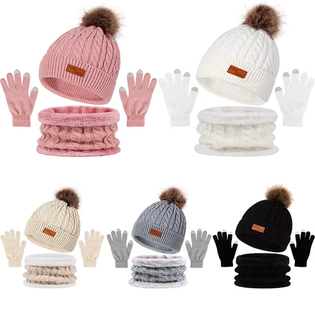 3 pièces/ensemble femmes hiver chapeau écharpe gants fausse fourrure boule adolescente filles tricoté bonnet cou plus chaud costume oreilles chaudes femme casquette ensemble – Image 3