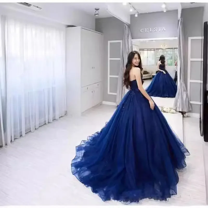 Robes de Quinceanera princesse bleu marine, robe de Rh15 ans, appliques, train court, chérie, fête d'anniversaire