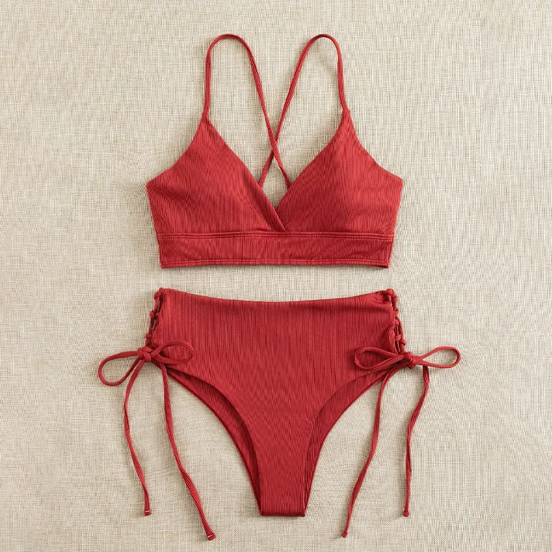 Cikini-ensemble bikini fendu à col en V pour femme, maillot de bain sexy, à lacets, bikini triangulaire, couleur unie, maillot de plage, maillot de bain